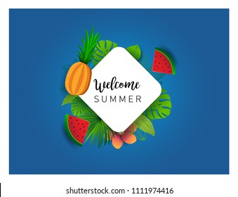 Summer vector banner design with tropical fruits and palm leaves background. Vector illustration.