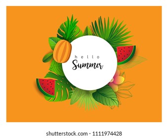 Summer vector banner design with tropical fruits and palm leaves background. Vector illustration.