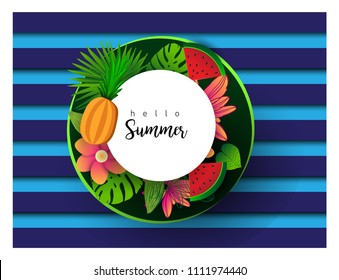 Summer vector banner design with tropical fruits and palm leaves background. Vector illustration.