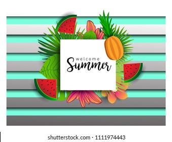 Summer vector banner design with tropical fruits and palm leaves background. Vector illustration.