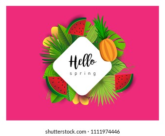 Summer vector banner design with tropical fruits and palm leaves background. Vector illustration.