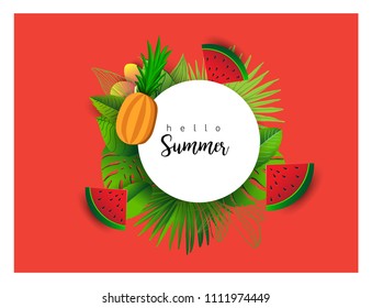 Summer vector banner design with tropical fruits and palm leaves background. Vector illustration.