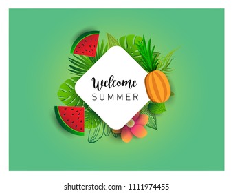 Summer vector banner design with tropical fruits and palm leaves background. Vector illustration.