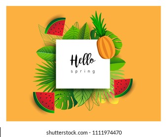 Summer vector banner design with tropical fruits and palm leaves background. Vector illustration.