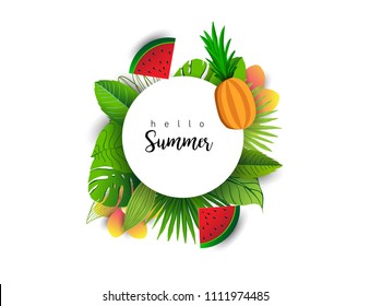Summer vector banner design with tropical fruits and palm leaves background. Vector illustration.