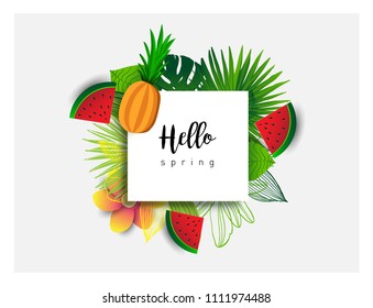Summer vector banner design with tropical fruits and palm leaves background. Vector illustration.