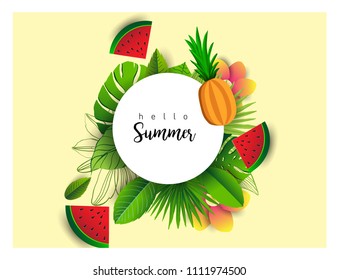 Summer vector banner design with tropical fruits and palm leaves background. Vector illustration.