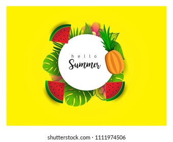 Summer vector banner design with tropical fruits and palm leaves background. Vector illustration.