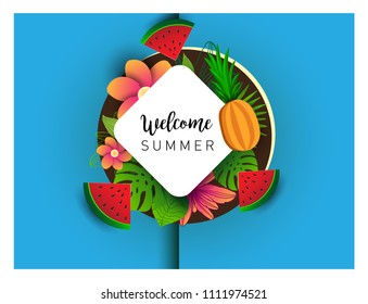Summer vector banner design with tropical fruits and palm leaves background. Vector illustration.