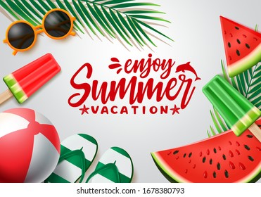 Summer vector banner design. Summer vacation text with beach elements and tropical fruits like watermelon and popsicles in white background for holiday season. Vector illustration.