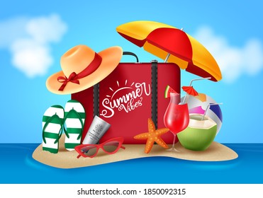 Summer vector banner design. Summer vibes text with realistic beach elements like luggage, umbrella, hat, flip flop and sunglasses in beach island and blue sky background. Vector illustration.