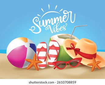 Summer vector banner design. Summer vibes greeting text with summer vacation tropical elements like beach ball, hat, sunglasses, flipflop, coconut and starfish in beach seashore background.