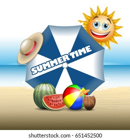 Summer vector banner include summer objects 3d on beach vector illustration