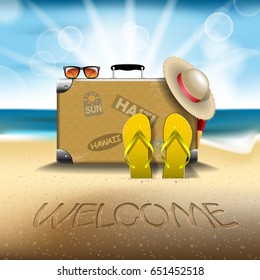 Summer vector banner include summer objects 3d hat sunglasses suitcase flippers on beach vector illustration