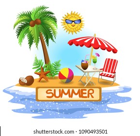 summer vector banner with palm tree, umbrella and fresh drinks