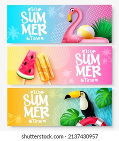 Summer vector banner set design. It's summer time text in colorful background with flamingo, toucan and popsicles elements for tropical season collection. Vector illustration.
