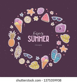 Summer vector banner template. Circle frame with lettering text. Cute flat hand-drawn icons isolated on white. Camera, starfish, flip-flops, leaf, watermelon, ice-cream, shell, flower, and hearts.