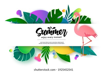 Summer vector banner template design. Summer enjoy every moment text in empty white space with flamingo and nature plant leaves element for tropical season decoration. Vector illustration