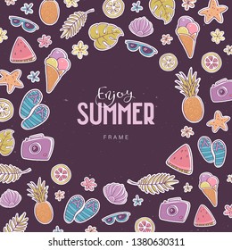 Summer vector banner template. Lettering text in circle frame on black background. Flat hand-drawn icon set of camera, starfish, flip-flops, leaf, watermelon, ice-cream, shell, flower, seaweed, heart.