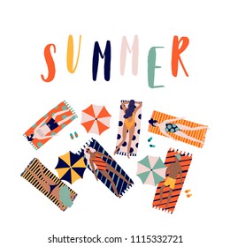 Summer vector beach illustration with cartoon people