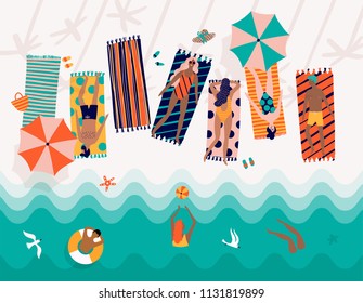 Summer Vector Beach Illustration With Cartoon People