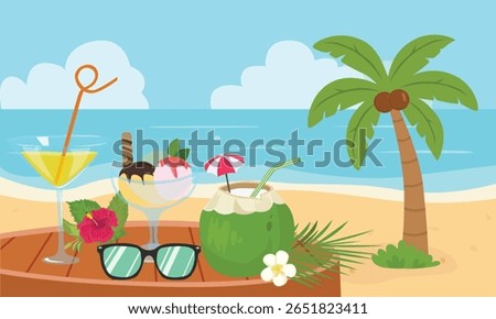 Summer vector. Beach landscape with sea, sand, palm tree, cocktail, coconut drink, sunglasses, ice cream. Summer clipart in flat cartoon style. Summer beach, summer beverage vector.