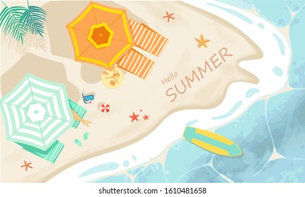 Summer vector. Beach with waves and mat,umbrellas,surfboard,ball,snorkel,fruit,cocktail and starfish on the beach palm leaf. Text design of Hello Summer draw on sand.