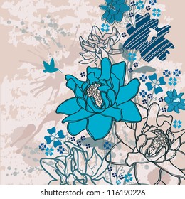 Summer vector with bloom flowers and flying hummingbird on a abstract background