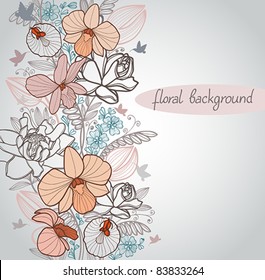Summer vector with bloom flowers and flying hummingbird on a gray background
