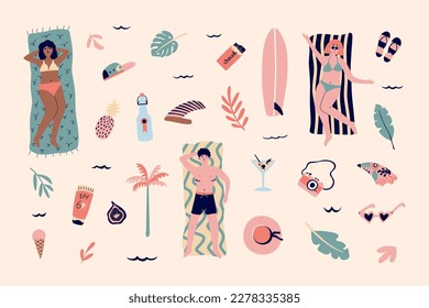 Summer vector bundle. Women and man relaxing on beach towels. Summer vacation elements with surf, cocktail, hat, ice cream, camera, palm tree. Set cartoon illustration. 