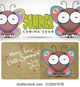 Summer vector card with cartoon butterfly character.