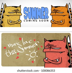 Summer vector card with cartoon cat.