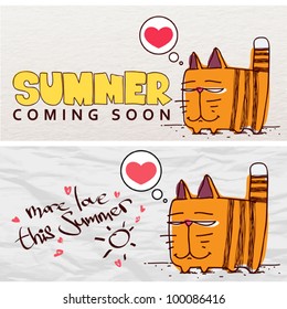 Summer vector card with cartoon cat.