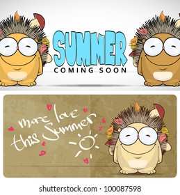 Summer vector card with cartoon hedgehog.