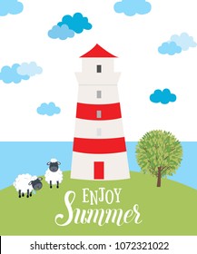 Summer vector card with clouds, lighthouse, sheeps, sea, tree. Flat cartoon design. Vector illustration