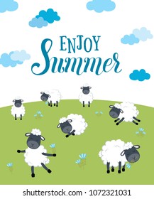 Summer vector card with clouds in the sky with  sheeps, flowers, field. Flat cartoon design. Vector illustration
