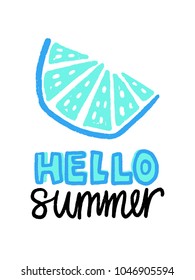 Summer vector card. Colorful items and lettering. Tropical background in hand drawn style. Design for prints.