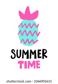 Summer vector card. Colorful items and lettering. Tropical background in hand drawn style. Design for prints.