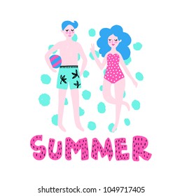 Summer vector card. Colorful items and lettering. Tropical background in hand drawn style. Design for prints.