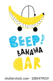 Summer vector card. Colorful items and lettering. Tropical background in hand drawn style. Design for prints.