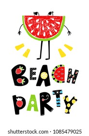 Summer vector card. Colorful items and lettering. Tropical background in hand drawn style. Design for prints.