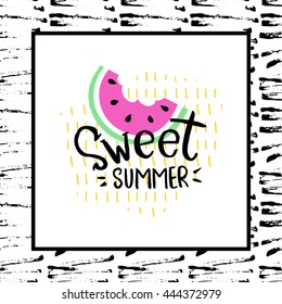 Summer vector card. Colorful  items. Hand drawn lettering. Tropical background in grunge style.