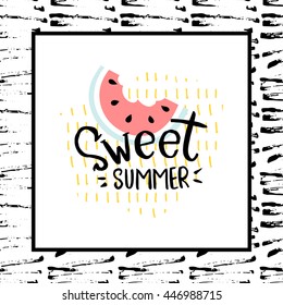 Summer vector card. Colorful  items. Hand drawn lettering. Tropical background in grunge style.