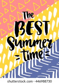 Summer vector card. Colorful  items. Hand drawn lettering. Tropical background in grunge style.