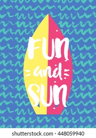 Summer vector card. Colorful  items. Hand drawn lettering. Tropical background in grunge style.
