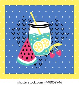 Summer vector card. Colorful  items. Hand drawn lettering. Tropical background in grunge style.
