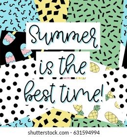 Summer vector card. Colorful items. Hand drawn lettering. Tropical background in grunge style.
