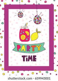 Summer vector card. Colorful items, lemonade and lettering. Tropical background in hand drawn style. Design for prints. Party time.