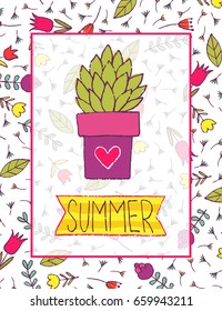 Summer vector card. Colorful items and lettering. Floral background in hand drawn style. Design for prints.