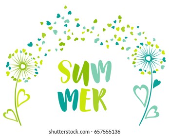 Summer vector card with dandelion flower, feather fluff heart shaped. Seasonal banner with blowing ball meadow plants. Love symbols, flying hearts petals on white background.